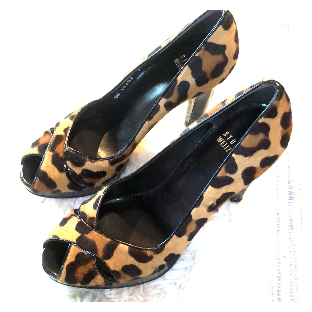 Stuart Weitzman Leopard Print Peep Toe Heels - image 6